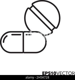 Icône de la capsule médicale et de la ligne de comprimés.Symbole de contour des produits pharmaceutiques.Illustration vectorielle plate du concept de soins de santé et de médecine. Illustration de Vecteur