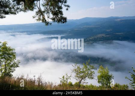 Brume matinale dans la vallée de Toplita en Transylvanie, Roumanie; Toplita, Transylvanie, Roumanie Banque D'Images