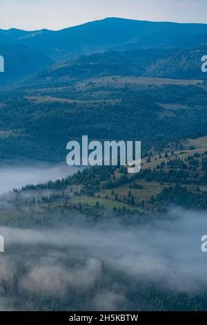 Brume matinale dans la vallée de Toplita en Transylvanie, Roumanie; Toplita, Transylvanie, Roumanie Banque D'Images