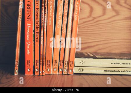 MADRID, ESPAGNE - 09 novembre 2021 : collection de vieux livres de pingouins sur étagère en bois.Livres de pingouins vintage dans une librairie. Banque D'Images