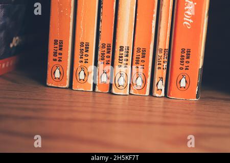 MADRID, ESPAGNE - 09 novembre 2021 : collection de vieux livres de pingouins sur étagère en bois.Livres de pingouins vintage dans une librairie. Banque D'Images