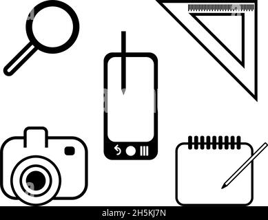 Ensemble simple d'icônes vectorielles liées au photographe.Contient des icônes telles que l'appareil photo, la règle, la loupe, l'ordinateur portable et la tablette à stylet Illustration de Vecteur