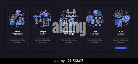 Composants du modèle d'entreprise écran noir de la page d'application mobile d'intégration Illustration de Vecteur