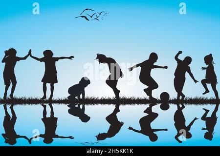 Groupe d'enfants jouant silhouettes piscine Illustration de Vecteur