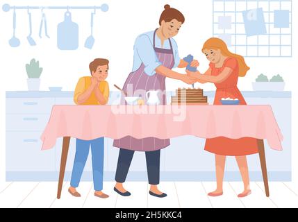 Les enfants aident maman à faire du gâteau.Le chef de famille et l'enfant préparent le four au déjeuner, la cuisine familiale, la cuisine, le repas à la maison, illustration vectorielle isolée sur fond blanc Illustration de Vecteur