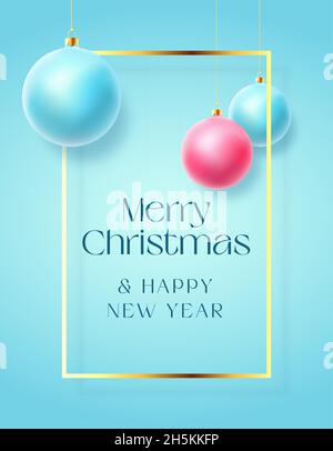 Boules de Noël réalistes sur fond bleu pastel avec gabarit de cadre de voeux moderne à paillettes dorées.Carte ou affiche de décoration des fêtes d'hiver Illustration de Vecteur