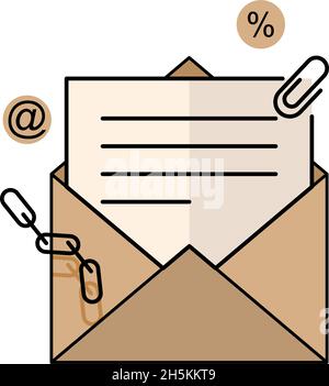 Ouvrez l'enveloppe avec un document tronqué.Lettre officielle.Illustration de style plat.Isolé sur fond blanc. Illustration de Vecteur