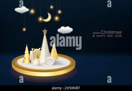 Joyeux Noël et Bonne Année.Composition de Noël podium doré avec des pins et des sapins moelleux, boîtes de cadeaux 3d or.Motif hivernal.H Illustration de Vecteur