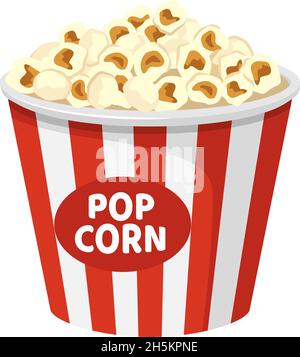 Seau avec pop-corn, encas pour cinéma isolé.Boîte à nourriture Vector pop corn pour le divertissement cinématographique, illustration rouge de tasse à rayures blanc Illustration de Vecteur
