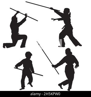 Aikido enfants silhouettes avec des armes Illustration de Vecteur