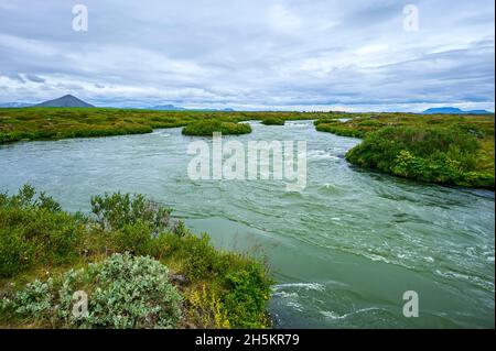 Rivière Laxa en été, Skutustadir, région de Myvatn, région du Nord, Islande; Skutustadir, région du Nord, Islande Banque D'Images