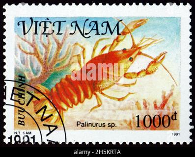 VIETNAM - VERS 1991: Un timbre imprimé au Vietnam montre palinurus, coquillages, vers 1991 Banque D'Images