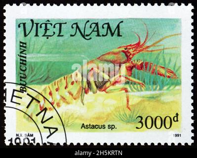 VIETNAM - VERS 1991: Un timbre imprimé au Vietnam montre astacus, coquillages, vers 1991 Banque D'Images