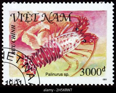 VIETNAM - VERS 1991: Un timbre imprimé au Vietnam montre palinurus, coquillages, vers 1991 Banque D'Images