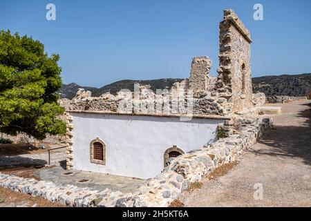 Maison en ruines au château vénitien ou Fortezza sur l'île de Chora Kythira destination Grèce.L'oeil de Crète, en raison de sa position stratégique, est un monument Banque D'Images