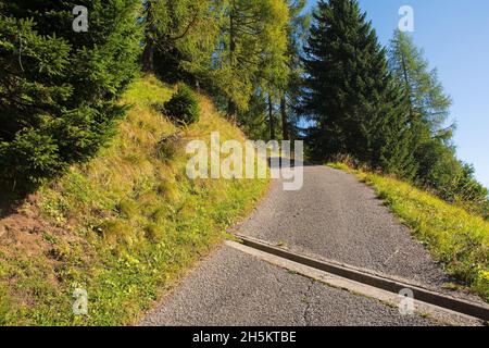 Une route sur les pentes de Monte Morgenleit près de Sauris di Sopra, Udine, Friuli-Venezia Giulia, Italie.Fin septembre.Avec gouttière Banque D'Images