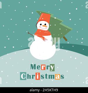 Un bonhomme de neige porte un arbre de Noël en déneigement.Joyeux Noël.Créez une carte postale, une bannière ou un modèle de conception.Illustration plate. Illustration de Vecteur