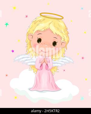 Petit ange sur un nuage contre le fond des étoiles.L'ange tient ses mains pour la prière.Ange avec des boucles, des ailes et un halo. Illustration de Vecteur