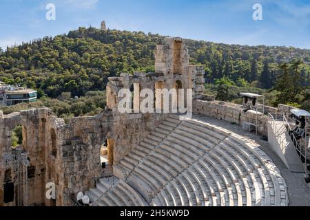 Vue intérieure de l'Odéon de Herodes Atticus (Herodion) théâtre grec ancien vu du site archéologique de l'Acropole d'Athènes, Grèce Banque D'Images