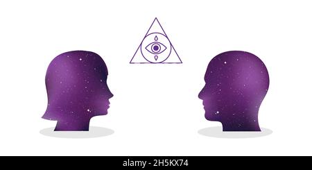 Portrait de femme et d'homme en profil.Concept de discussion sur l'occultisme, la magie, le mystère, la sorcellerie, l'alchimie.Texture de l'univers.Symbole ésotérique.Vect Illustration de Vecteur