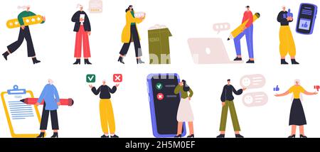 Classement des personnages, enquête en ligne ou commentaires.Les personnes qui choisissent la bonne réponse, votent ou donnent un ensemble d'illustrations vectorielles de l'avis du client.En ligne Illustration de Vecteur