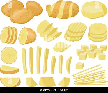 Patate de dessin animé, pommes de terre en tranches crues, frites, frites.Pommes de terre produits végétaux, pommes de terre hachées et pelées ensemble d'illustrations vectorielles.Mûr Illustration de Vecteur