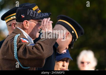 Darrell Bush, 96 ans, à gauche, ancien sergent d'état-major de l'armée des États-Unis, de Camp Springs, Maryland,Et un vétéran de la bataille des Budge de la Seconde Guerre mondiale, salue après avoir placé une fleur lors d'un événement de commémoration du centenaire à la tombe du soldat inconnu, au cimetière national d'Arlington, le mercredi 10 novembre 2021, à Arlington,Virginia.Credit: Alex Brandon/Pool via CNP /MediaPunch Banque D'Images