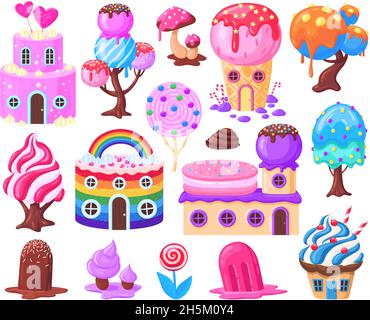 Caricature fantaisie sucrée bonbons paysage éléments de jeu.Bonbons caramel, maisons de bonbons de conte de fées, sucettes, ensemble d'illustrations vectorielles d'arbres de bonbons Illustration de Vecteur