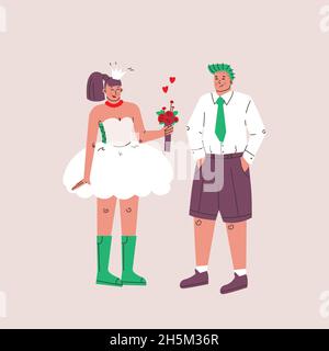 Mariage de jeunes hommes et femmes.Mariée et marié dans un costume et tenant des fleurs, anniversaire de mariage.Robes de mariage de style punk.Mignon vecteur isolé Illustration de Vecteur