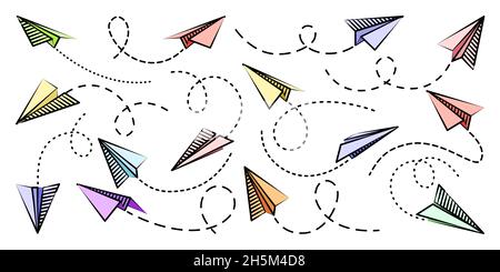 Différents plans de papier dessinés à la main.Avions à bord colorés avec ligne en pointillés.Icône avion, silhouettes avion simples.Contour, dessin au trait vecteur Illustration de Vecteur