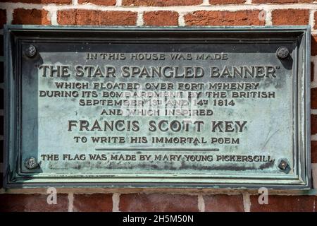 Plaque, Star Spangled Banner House, Baltimore, Maryland, États-Unis Banque D'Images
