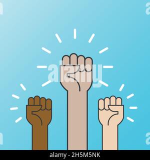 Les poings multiraciaux font passer l'illustration vectorielle. Concept d'unité, de révolution, de lutte, de coopération. Conception à contour plat. Illustration de Vecteur