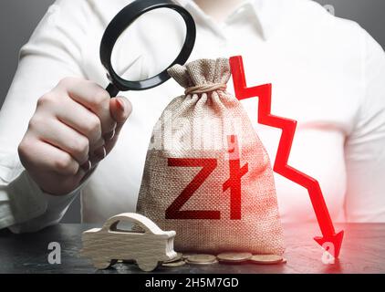 L'arpenteur-géomètre étudie un sac d'argent zloty polonais avec une flèche rouge vers le bas et un auto.GLACE.Assurance automobile, entretien.Taxes d'accise sur le carburant.Baisse des ventes Banque D'Images
