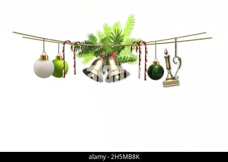 Composition de Noël sur blanc. Branches d'arbre de Noël, symboles de Noël cloches dorées, boules vertes boules boules boules boules, bougie, canne à sucre accrochée à la corde isolée sur blanc. Flat lay, vue de dessus, espace de copie. 3D rendu Banque D'Images