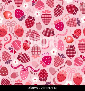 Mouchetures et pois fraises, coeurs roses et rouges classiques, fleurs, rubans chitsch de la Saint-Valentin.Texte amour, xoxo, être le mien, doux, cutie,bonjour Illustration de Vecteur