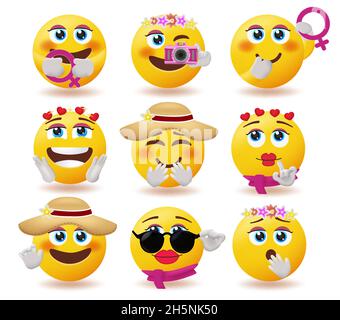 Ensemble de vecteurs de caractères smiley femmes.Collection Woman emoji avec de jolies expressions du visage et des éléments féminins pour femme de jour. Illustration de Vecteur