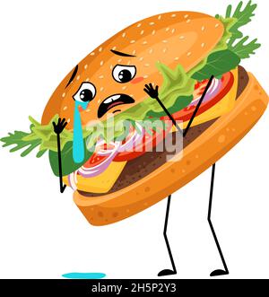 Hamburger de caractère mignon avec pleurs et larmes émotion, visage triste, yeux dépressifs, bras et jambes.Personne de restauration rapide, sandwich avec expression mélancolique.Illustration vectorielle plate des produits et des repas à base de viande Illustration de Vecteur