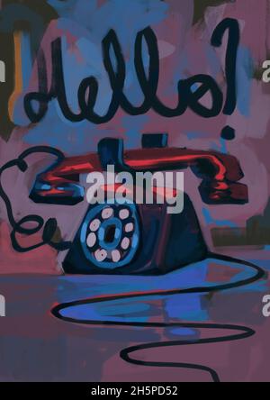 Le graffiti agité du téléphone vintage grunge avec le texte dire bonjour question marque pop-art et expressionnisme art, pièce, pop-art et expressionnisme art étrange Banque D'Images