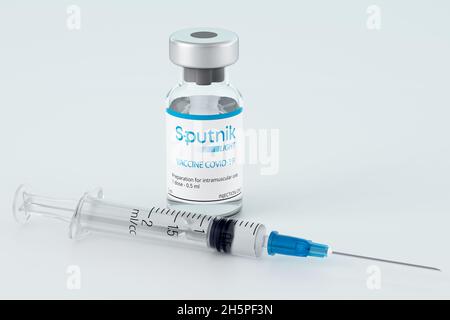 Spoutnik Light est un nouveau vaccin à composant unique de pointe contre le coronavirus CAVID-19 (SRAS-COV-2).Le médicament est destiné à être utilisé par voie intramusculaire Banque D'Images