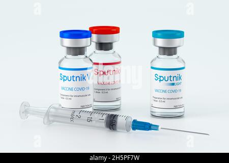 MOSCOU, RUSSIE-JUIN 2021: Le vaccin Spoutnik V à deux composants ou le nouveau Spoutnik Light à un composant - que choisir contre le coronavirus COVID-19 Banque D'Images