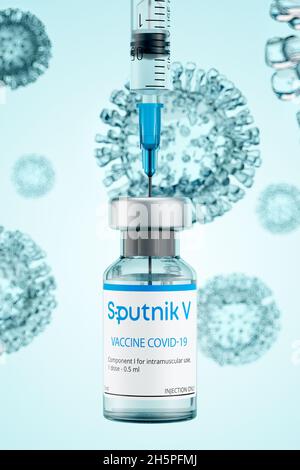 Flacon de vaccin Spoutnik V pour l'infection par le coronavirus COVID-19.La seringue obtient une dose d'injection sur le fond du COV-SRAS-2 vi Banque D'Images