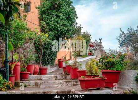 Marches en pierre, ruelle étroite dans Anafiotika, un petit quartier pittoresque d'Athènes, Grèce.Anafiotika fait partie du vieux quartier historique de Plaka, Banque D'Images