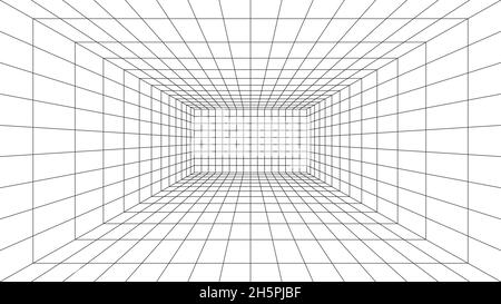 salle de grille filaire 3d.grille laser de perspective 3d 16 9..Arrière-plan blanc du cyberespace avec maillage noir.Espace de couloir numérique futuriste en virtuel Illustration de Vecteur