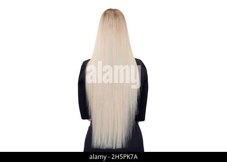 Cheveux sains femmes blond dos, isolé blanc fond.Concept de soins de traitement. Banque D'Images