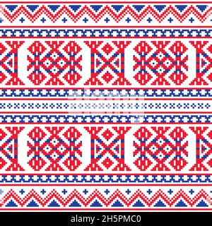 Sami folk art vectoriel sans couture, design rétro conçu comme un ornement traditionnel en point de croix de Laponie en rouge et bleu Illustration de Vecteur