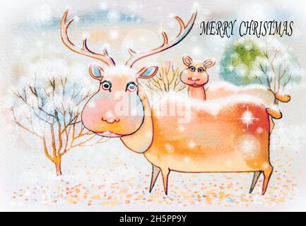 Carte de Noël à motif renne.Aquarelle illustration belle bande dessinée de deers et neige en hiver avec ciel, arbres de fond. Banque D'Images