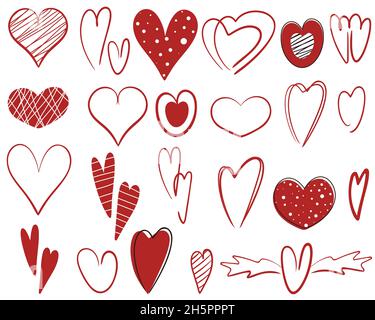 Jeu de coeurs doodle, illustration vectorielle.Collection de coeurs, un symbole d'amour et de romance.Reconnaissance pour la fête de Saint Valentin, main de tirage Illustration de Vecteur