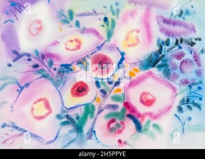Aquarelle abstraite peinture originale violet, rose couleur des fleurs de gloire du matin et feuilles vertes sur fond bleu. Banque D'Images