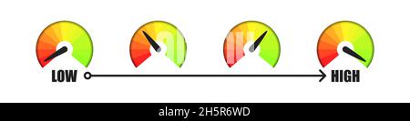 Mesure de la satisfaction du client entre le compteur de vitesse bas et le compteur de vitesse haut réglé.Illustration isolée de l'échelle de niveau de jauge rouge et verte vectorielle. Illustration de Vecteur
