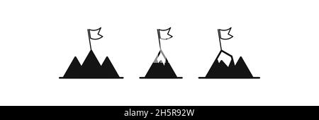 Montagne avec ensemble d'icônes plates de drapeaux noirs, pic supérieur avec drapeaux, symbole de mission de succes sur fond blanc. Illustration de Vecteur